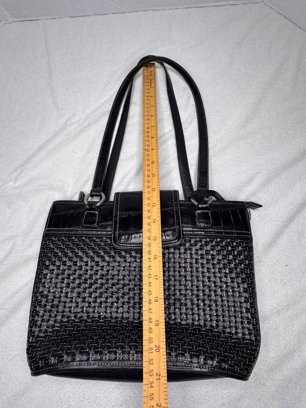 Brighton Black Leather Classic Tote Bag Basket Weave Front Panel Croc Trim - Picture 12 of 15